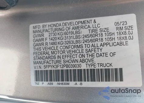 2023 Honda Ridgeline Sport из США, поврежденный, VIN 5FPYK3F12PB039030